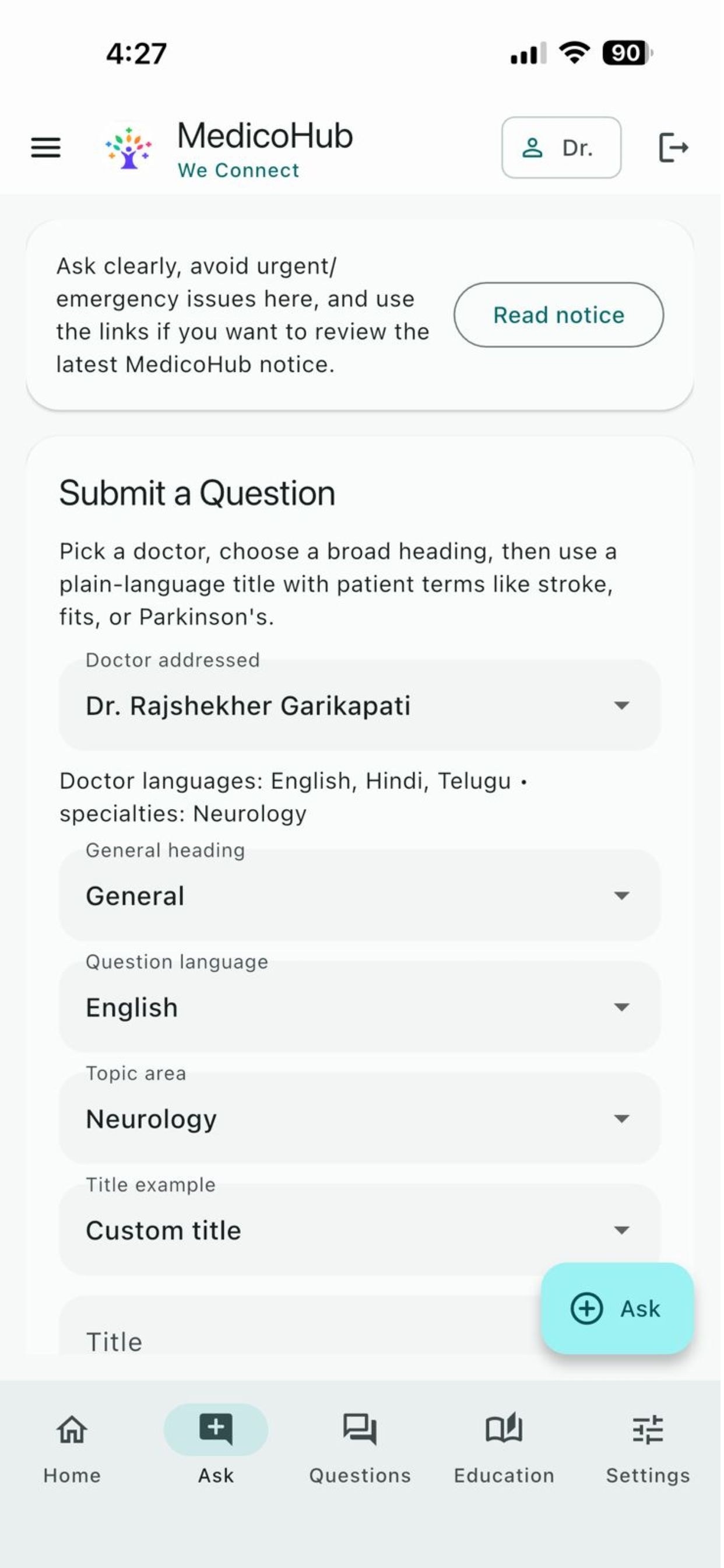 Ask question screen.